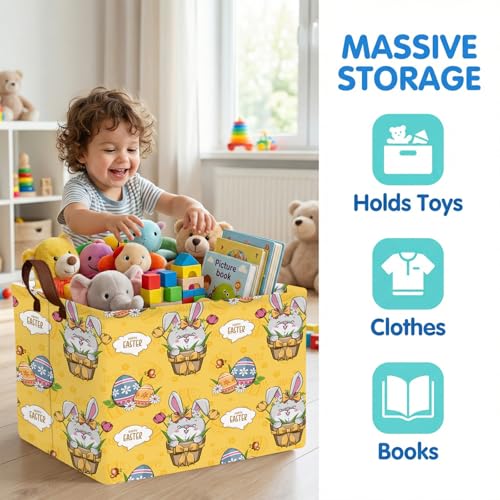 Image of Large Cute Easter Basket for Kid Empty Gift Baby Rectangle Storage Bin Bunny Eggs Boy&Girl Room Decor (Tulip Rabbit Yellow)