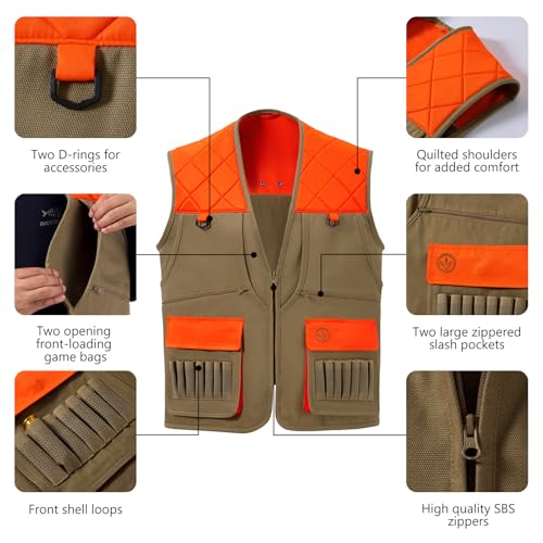 BASSDASH Multi Pockets Upland Field Bird Hunting Vest Blaze Orange Brown Water Resistant Rip Stop for Men Women3