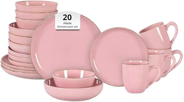 Stoneware Nordic Shape Raising Rim 20pc Dinnerware Set, Shiny Glaze Pink with Speckle Effect
