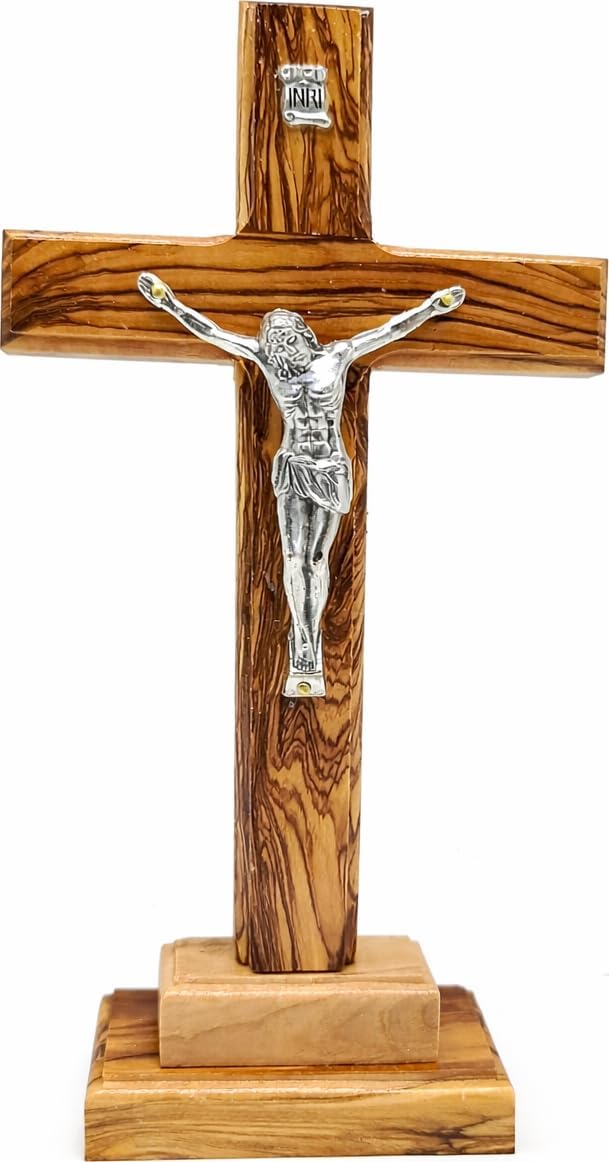 Zuluf Olive Wood Crucifix 9 Inch Deacon Ordination Seminarian Religious Profession Vocation Gift, Silver-Tone Corpus Hand Carved Jerusalem Holy Land Catholic Tabletop Decor