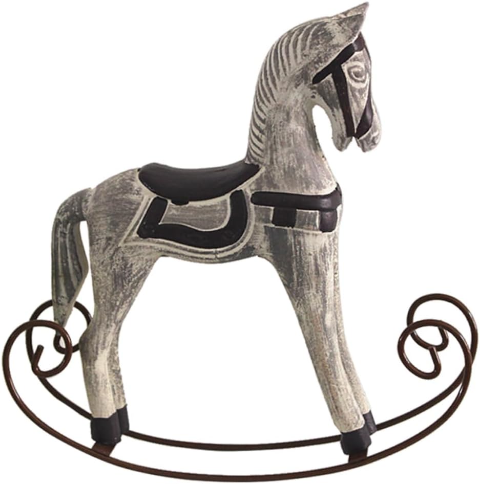 2pcs Wooden Rocking Horse Figurines Handmade Vintage Animal Decor for Home Desktop Adornment Grey