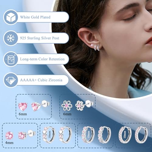 YADOCA 𝟵𝟮𝟱 𝗦𝘁𝗲𝗿𝗹𝗶𝗻𝗴 𝗦𝗶𝗹𝘃𝗲𝗿 Earrings for Girls Women - Hypoallergenic Cute Kids Toddler Earrings - Cubic Zirconia Earrings Studs Hoop Set for Sensitive Ears3