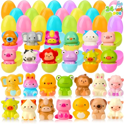 JOYIN 24 Pcs Easter Prefilled Eggs with Animals Squishy Toys, Cute Toys for Easter Egg Hunt, Kids Party Favor, Basket Stuffers, Filling Treats, Goodie Bag Fillers, Classroom Prize Supplies