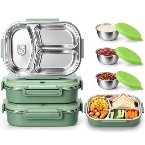 FoldTier 3 Pack Stainless Steel Lunch Boxes Include 3 Lidded Condiment Cups