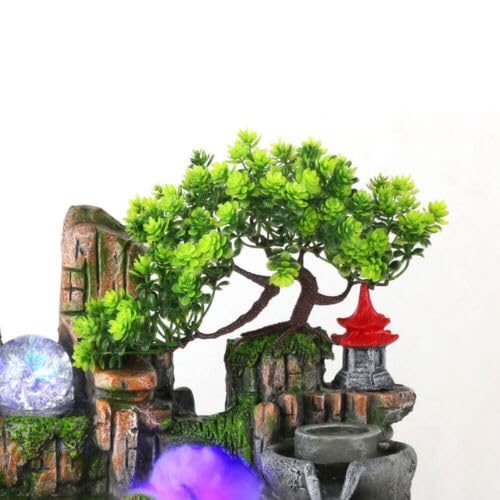 Fuente de habitación con plantas, 30 x 20 x 30 cm, fuente de mesa pequeña, fuente de jardín con iluminación LED, fuente de escritorio para decoración del hogar, vestíbulo, oficina, mesa de