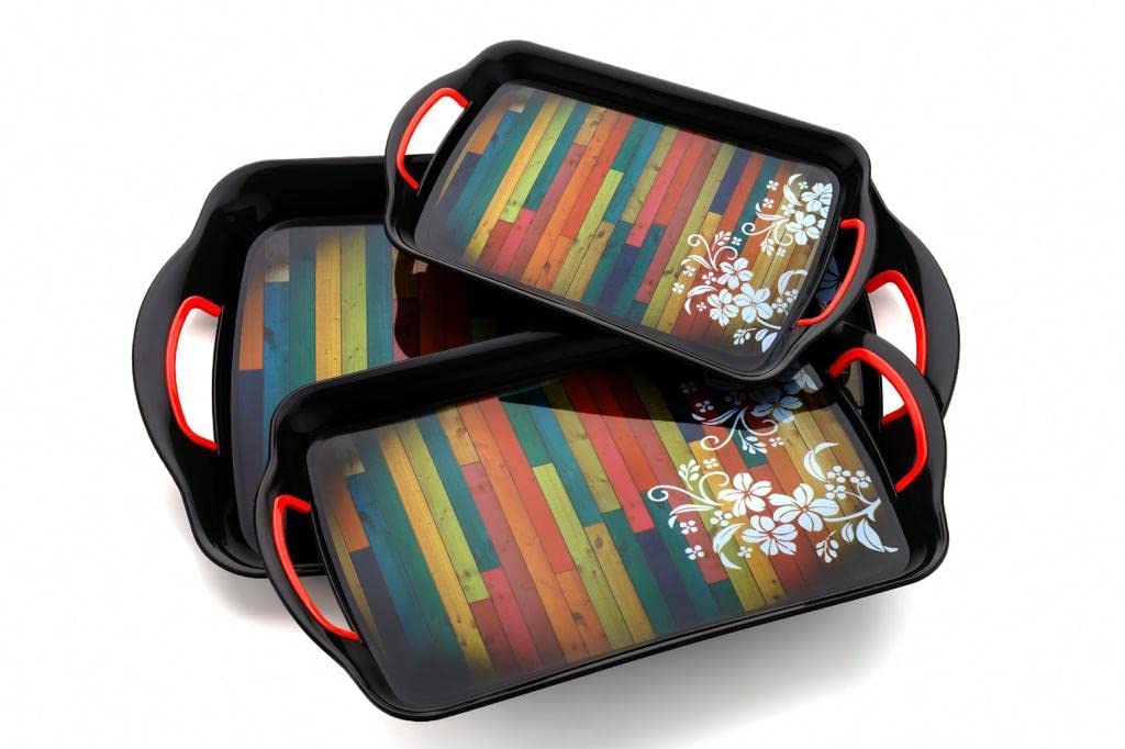 MTR Printed Rectangular Shape Set of 3 Plastic Serving Tray with Handle ...