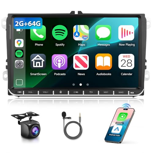 Podofo 2G+64G for VW Passat Tiguan Golf Jetta T5 EOS Polo Skoda Car Stereo with Wireless Carplay Android Auto, 9" Touch Screen Bluetooth Car Radio Support Navigation WiFi FM SWC+Backup Camera