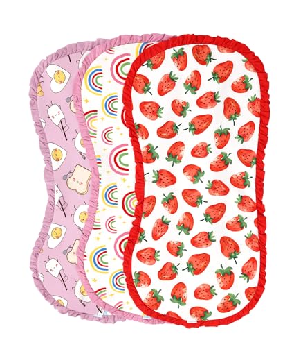Burp Cloths for Baby Girls,3-Pack Extra Absorbent Burping Cloth Baby Washcloths Towel for Unisex, Viscose Made from Bamboo Strawberry/Rainbow/Pink Egg One Size