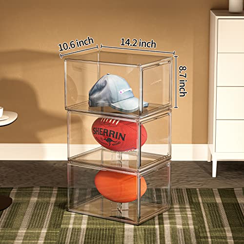 Football Display Case Full Size, 3Packs Clear Football Holder, Memorabilia Display Boxes With Removable Display Stand, Stackbale Acrylic Display Case With Magnetic Door, Uv Protection #TOP5