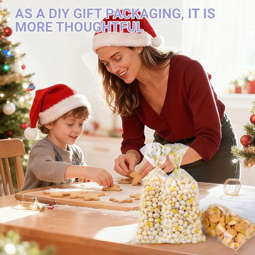 100 Stück Cellophantüten mit Boden, 13x27cm kekstüten mit 100 Metallischen Bindebänder Candy Bar Tüten Geschenktüten Durchsichtig Cellophantüten Klein Durchsichtige Geschenktüten Weihnachten