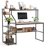 Linsy Home Computer Desk with Hutch and Storage Shelves, 55 inch Home Office Desk with Bookshelf, Laptop Writing Table for Small Spaces, Wood