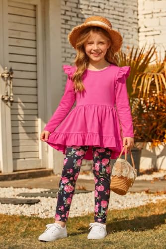 Image of Arshiner Toddler Girl Clothes Ruffle Trim Long Sleeve Pullover Top and Floral Print Leggings Fall Outfits Kids Clothing Sets