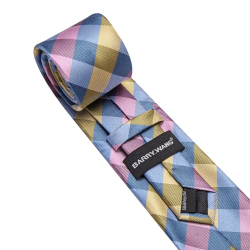 Image of Barry.Wang Plaid Ties Mens Silk Necktie and Tie Clip Checkered Tie for Wedding Party Business Formal