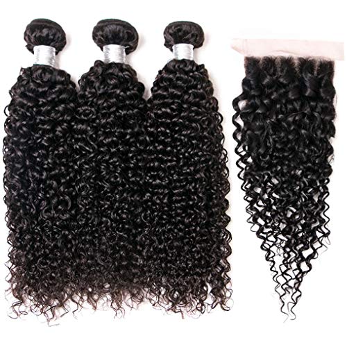 Brazilian Curly Wave Hair with Closure 8A 100% Unprocessed Virgin Human Hair Curly Hair 3 pc Bundles with 4X4 Free Part Lace Closure Natural Color for Women(14 16 18 with 12 closure)