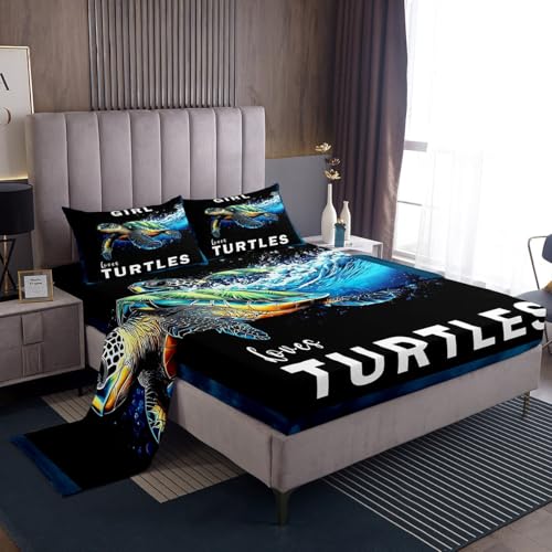 jejeloiu Ocean Themed Fitted Sheet Full Size Sea Turtle Bedding Set for Boys Girls Teens Reptile Tortoise Bed Sheets Set Black