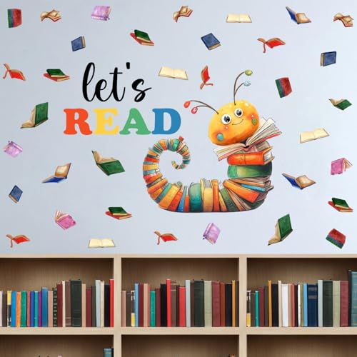 XUOIAYNB Colorful Book Caterpillar Wall Stickers, Let’s Read Classroom Vinyl Wall Decals, Removable School Reading DIY Wall Art for Kindergarten Preschool Library Decor
