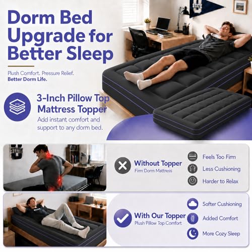 Image of ABENE Twin XL Mattress Topper for College Dorm Room Essentials, 3 Inch Dual Layer Memory Foam with Plush Pillow Top, Extra Long Dorm Bed Topper for Back Pain Relief and Comfortable Sleep, Black