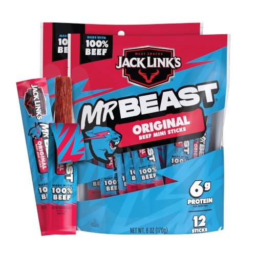 Jack Link's x MrBeast Original Mini Beef Jerky Sticks - Individually Wrapped Protein Snacks - 6g Protein per Serving - Made with 100% Real Beef - (24 Pack) 0.5 oz Meat Sticks