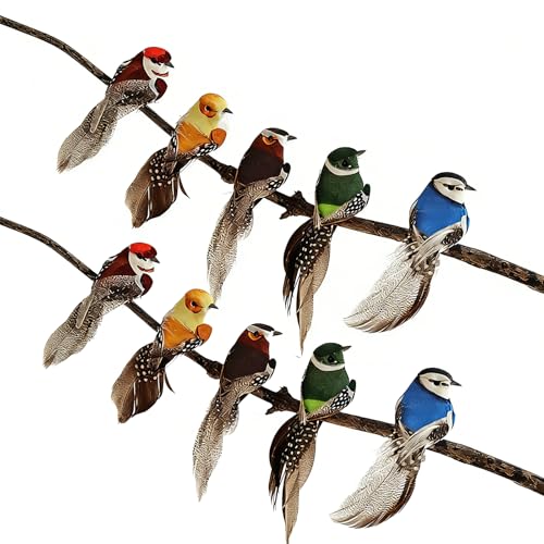 yolzhxe 10 Pièces Oiseaux Decoratifs, Couleur Oiseau Decoration avec Pinces, Petits Design Mignon Oiseaux Artificiels Décoratifs, pour Décoration Jardin...