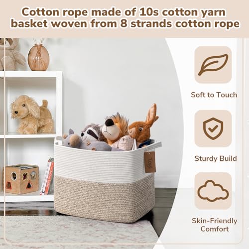 Image of Goodpick 50L Large Woven Rope Storage Basket, Rectangle, Light Brown | 18 inch x 14 inch x 12 inch Stylish Gift Baskets for Living Room & Bedroom Organization, Cotton Rope Basket for Blanket & Toy Storage