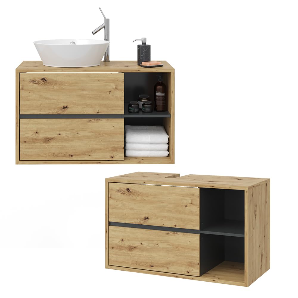 Vicco Waschbeckenunterschrank Viola, Artisan-Eiche, 100 x 60 cm, mit Siphonaussparung und offenen Ablagen zur Wandmontage