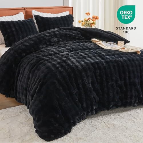 Image of EMME Faux Fur Duvet Cover Queen Size, 3 Pieces Ultra Soft Fluffy Comforter Cover, Cozy Warm for Winter, Luxury Elegant Shaggy Bubble Design Bedding, 1 Duvet Cover & 2 Pillow Shams (Queen, Black)