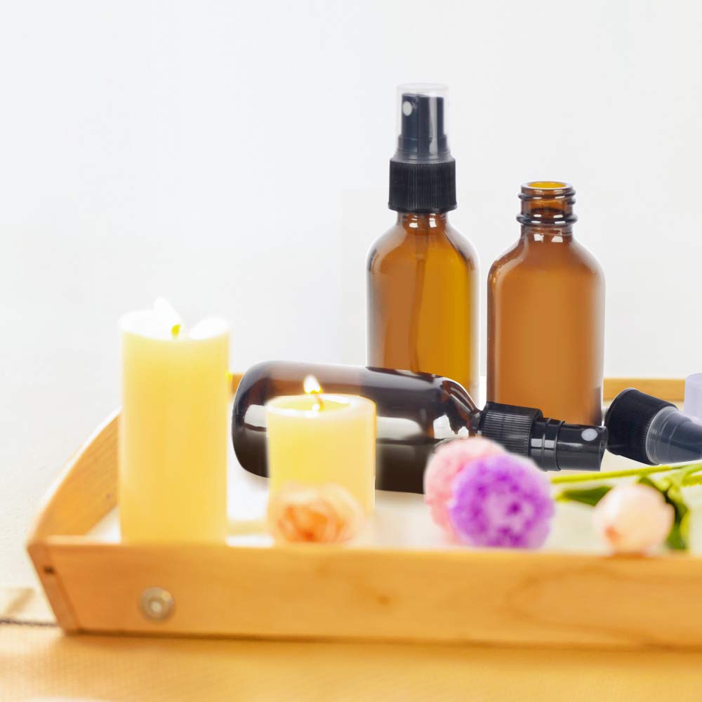 3 Pack 2oz 60 ml Amber Glass Spray Bottles with Fine Mist Sprayer & Dust Cap for Essential Oils, Perfumes,Cleaning Products.Included 1 Brush,3 Extra Sprayers,2 Funnels,2 Droppers & 6 Labels.