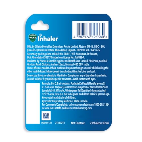 Image of Vicks Inhaler, Portable Nasal Inhaler, Non-Medicated, Soothing Vapors to Breathe Easy, Menthol Scent, 2 Inhalers