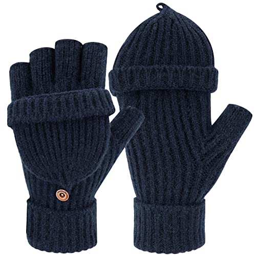 ZASFOU Damen winter handschuhe Strick Fingerlose Fäustlinge Winterhandschuhe Warme Touchscreen Fingerhandschuhe,Navy Blau Cover