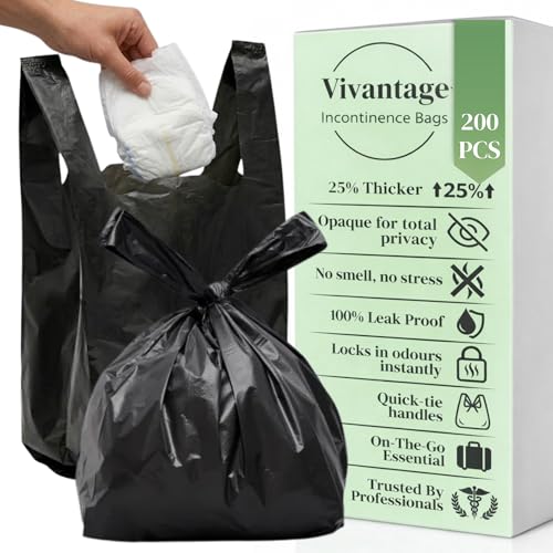 200 Pack Adult Nappy Bags | Large Black Adult Nappy Sacks, Strong, Disposable & Unscented | 25% Thicker | Nappy Disposal Bags, Nappy Bag, Sanitary Disposal Bags, Incontinence Nappy Sacks UK Made