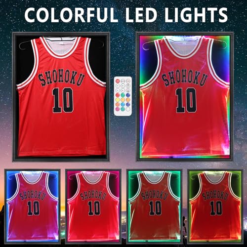 Image of Grintus Jersey Frame Display Case,Lockable with Colorful Led Lights Display Box for Jersey Display with UV Protection Acrylic and Hanger for Baseball Basketball Football Hockey Sport Shirt,Black
