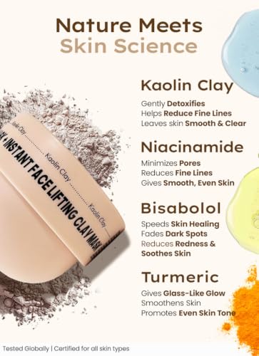 Image of Wildglow Kaolin Clay Instant Face Lifting Mask with Niacinamide & Turmeric & Vitamin B3 that tightens skin, refines pores, & boosts glow | Wrinkle Free in just 20 mins | Face Pack for Oily & Combination Skin | 118g