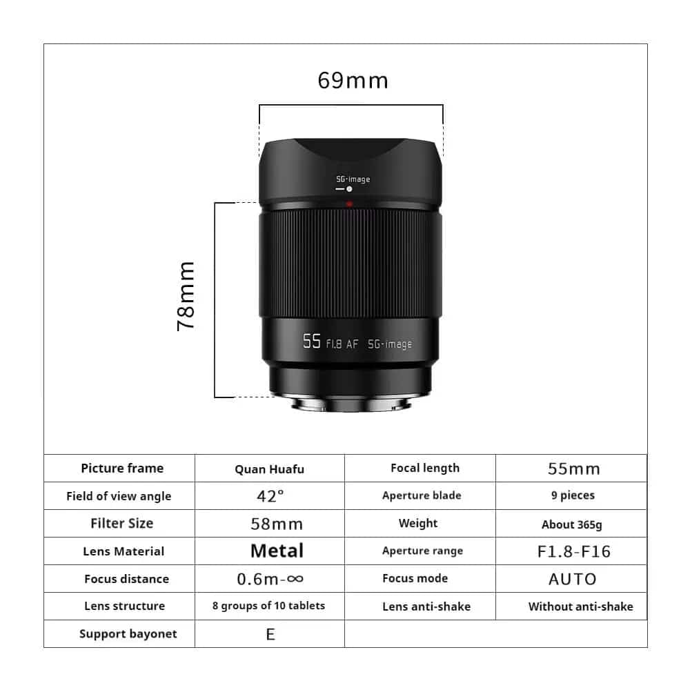 SG Image 55mm F1.8 Full Frame Autofocus AF Lens Large Aperture