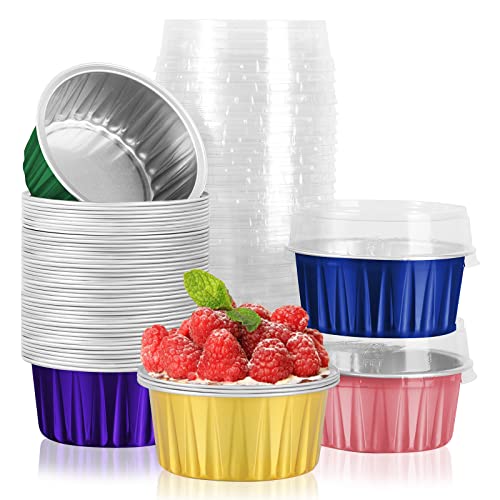 Mini Cake Pans With Lids,Heyyumi 50Pcs 5Oz Aluminum Foil Baking Cups,Disposable Ramekins Muffin Tins,Aluminum Cupcake Cups Containers Liners Flans For Pie Creme Brulee Cheesecake(5 Colors Mixed I) #TOP11