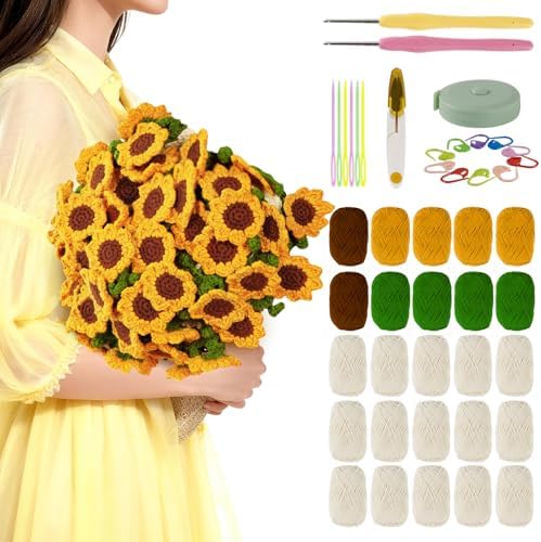 Haorino Crochet Blanket Kit for Beginners – DIY Sunflower Bouquet Crochet Kit with Soft Yarn, Step-by-Step Video Tutorials, Easy Crochet Blanket Craft Gift for Adults