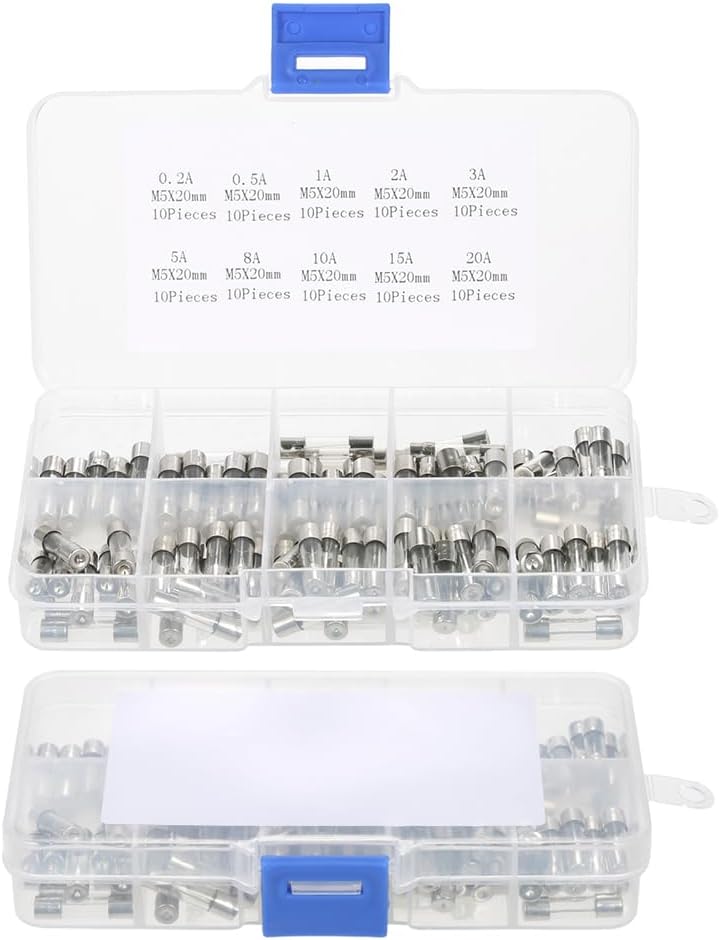 Eacam 100pcs 5x20mm Fast-blow Glass Tube Fuses Assorted Kit Amp 0.2A 0.5A 1A 2A 3A 5A 8A 10A 15A 20A