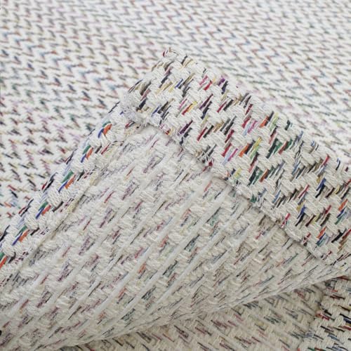 Tapete Artesanal para Sala Quarto 2,00m x 1,40m Cru Colorido 100% Algodão Antiderrapante Emborrachado Decoração Natural Geométrico Zig Zag Textura Macia
