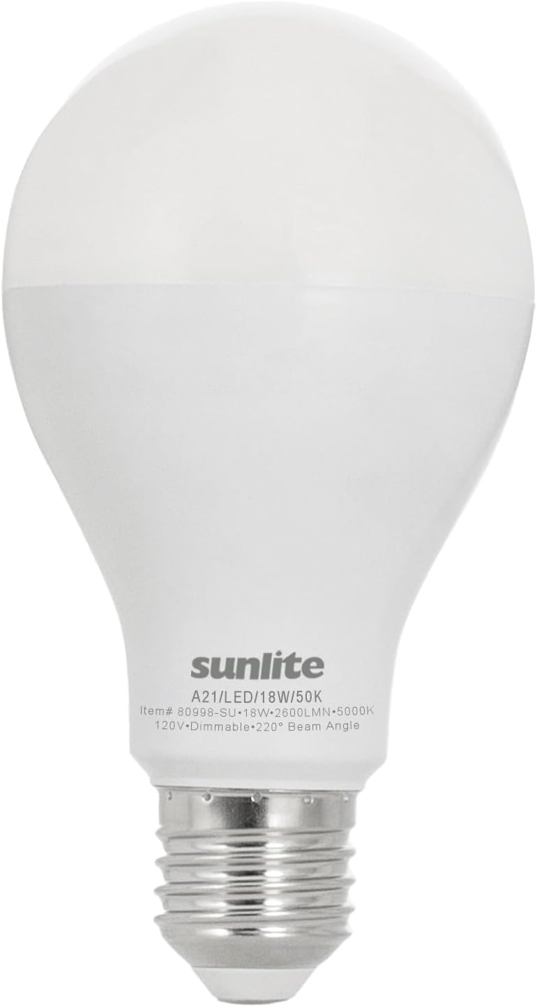 Sunlite LED A21 Light Bulb, 18 Watts (150W Equivalent), 2600 Lumens, 120V, Dimmable, Medium E26 Base, 220 Degree Beam Angle, UL Listed, RoHS Compliant, 5000K Daylight, 1 Pack