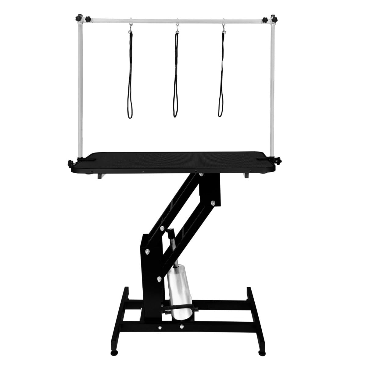 Table Toilettage Hydraulique - Cadre Acier Noir Robuste & Plateau Antidérapant Noir 106 x 61cm - Hauteur 55 à 100cm - Capacité 180 kg - Toilettage Chien Animaux Professionnel.[3 Sangles INCLUSES]
