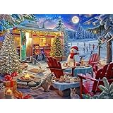 Vermont Christmas キャンプファイヤークリスマスジグソーパズル 500ピース - 500ピースのクリスマスパズル - レトロキャンパー - HDカラー インターロッキング精密カットピース 家族向けのホリデーアクティビティ