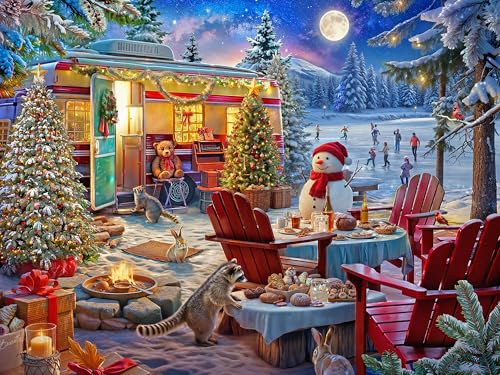 Campfire Christmas Jigsaw Puzzles 500 Pieces - 500 Piece Christmas Puzzles - Retro Camper Them - HD Color, Interlocking Precision Cut Pieces, Holiday Activity for Families, by Vermont Christmas