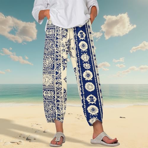 Image of DMOYALA Linen Pants for Women Summer Casual Wide Leg Capri Pants Loose Fit Palazzo Pants Cropped Beach Pants with Pockets
