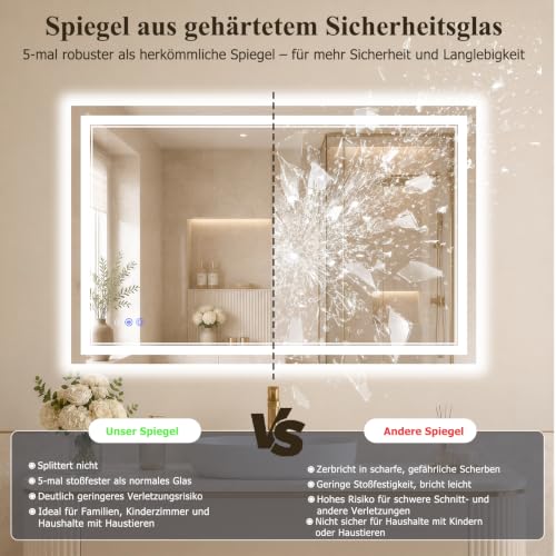 XRAMFY Badspiegel mit Beleuchtung LED 127×76CM, 3 Farbtemperaturen & stufenloses Dimmen, Anti-Beschlag, Spiegel mit Beleuchtung… – Ansicht 4