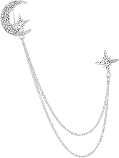 メンズ ラペルピン 月と星 ラインストーン タッセルブローチ 銀色