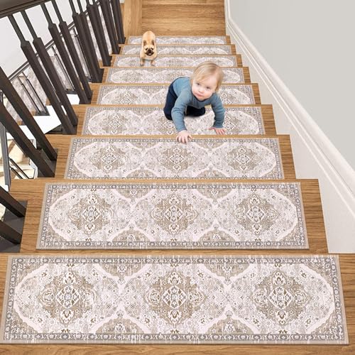 HEBE Rubber Carpet Stair Treads for Wooden Steps Non Slip 15 Pack Indoor Staircase Step Treads Reusable Stair Runner Mats for Dogs and Kids Stairway Grip Step Treads Carpet