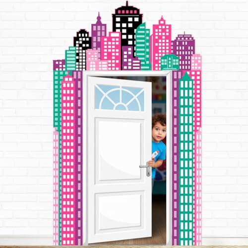 Image of Funrous Hero Party Door Banner Decor Hero Themed Porch Banner City Door Sign Set Cityscape Photo Booth Props Backdrops for Birthday Baby Shower Outdoor Indoor House Porch Decorations