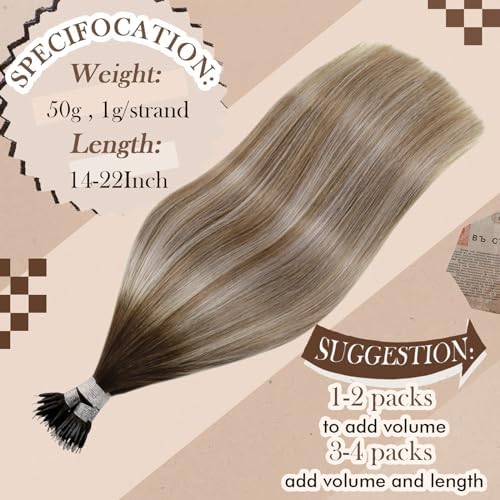 Hetto Balayage Nano Hair Extensions Real Human Hair Nano Ring Hair Extensions Dark Brown to Light Brown with Medium Blonde Nano Tip Hair Extensions Straight 50g 3/8/22 14inch 1g/1s