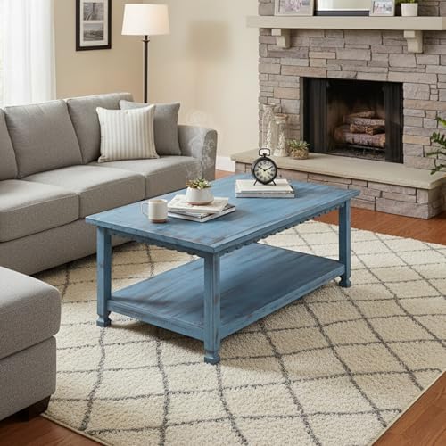 Rustic Rectangular Coffee Table, 42 in. W x 24 in. D x 18 in. H, Living Room Blue Antique, W/ (1) 36 in. W x 18 in. D x 10 in. H Shelf, Farmhouse/Cottage Style, Select Hardwood/Construction by Alaterre Furniture - Image 6