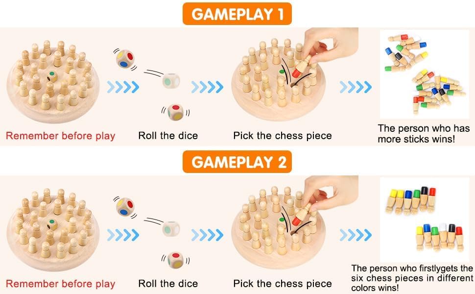 Kidoyz Wooden Memory Chess Game for Kids | Memory Match Stick Board Game with Colour Dice | Brain Training & Concentration Game for 4 5 6 7 8 Year Old Boys Girls | Family Board Game Gift 4