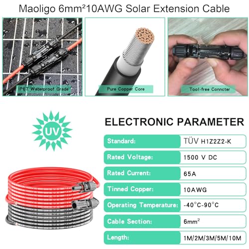 Maoligo 6mm² Solarkabel 1/2/3/5/10M Paar, H1Z2Z2-K Solar Verlängerungkabel mit Solarstecker(Ein Stecker Nicht installiert)&Werkzeugschlüssel,1500V, 65A, Werkzeugloses